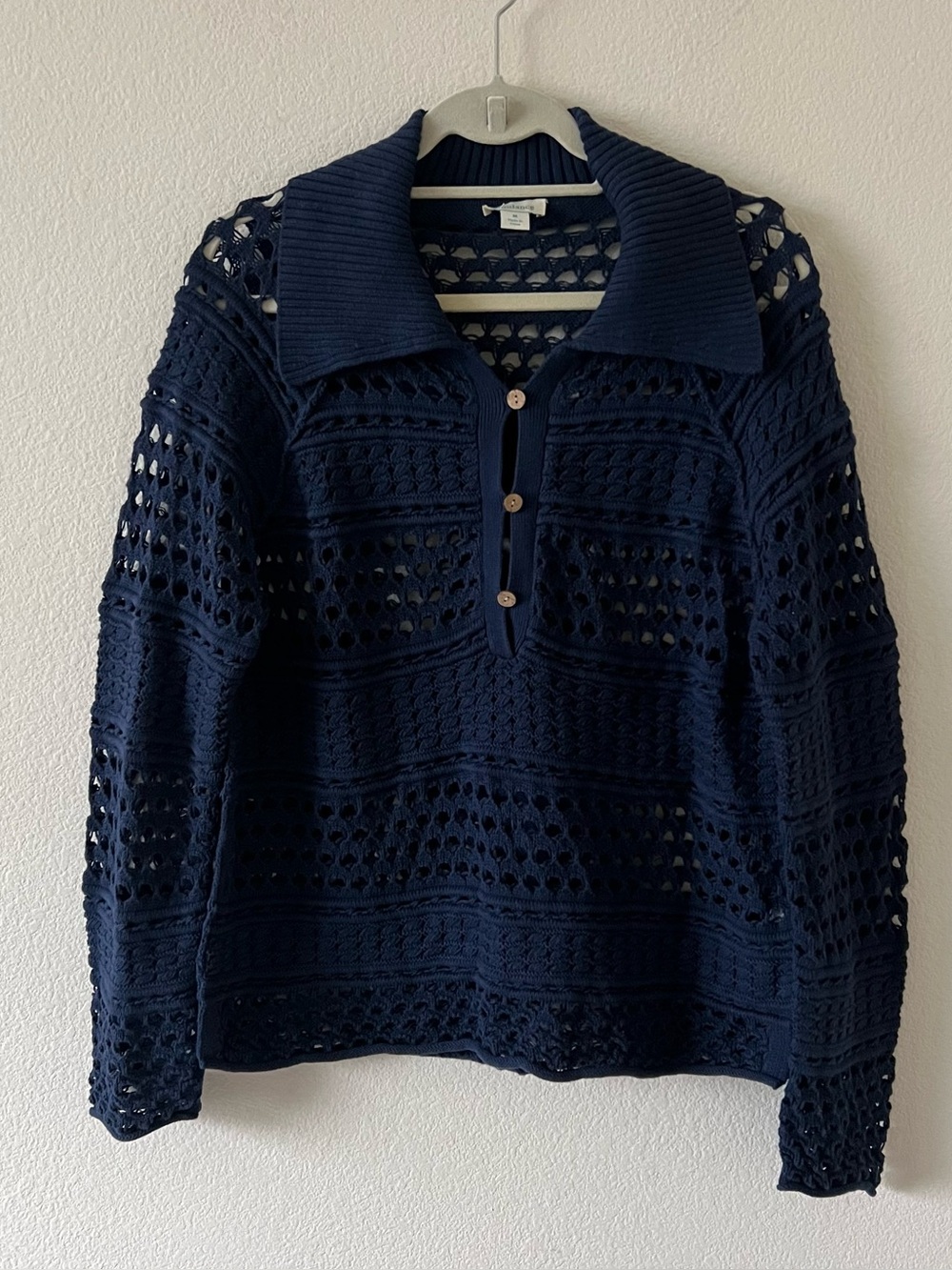 Sundance Crochet Open Knit Polo Top Navy Blue Relaxed Slouchy Sheer Medium - Picture 4 of 15
